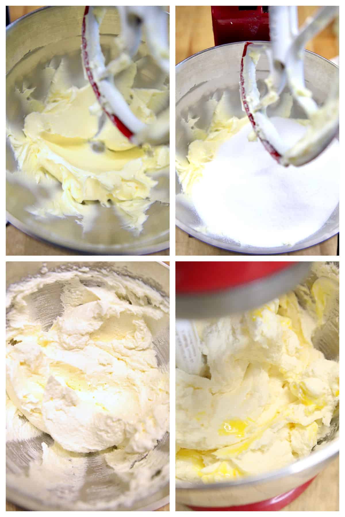 Collage making batter for pound cake with mixer.