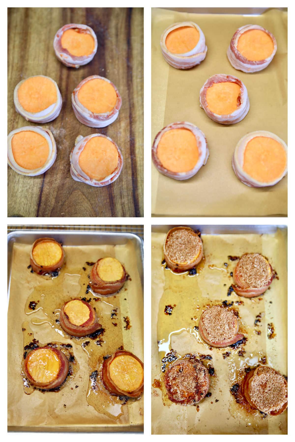 Bacon wrapped sweet potatoes, on cutting board, baking sheet, cooked.