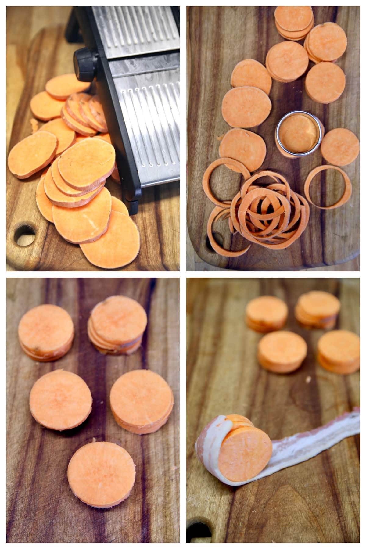 Slicing sweet potatoes with a mandoline, cutting into circles, wrapping in bacon.