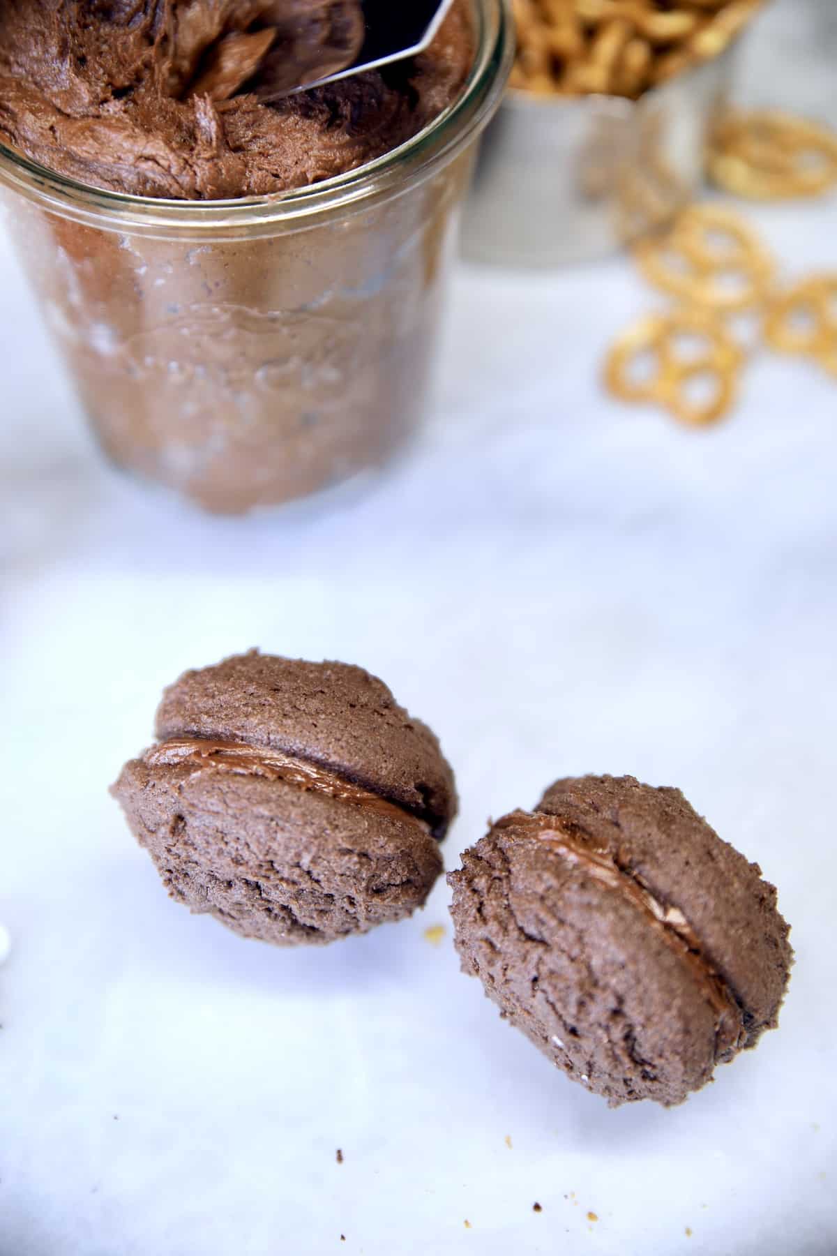 2 Chocolate cake mix cookie sandwiches.