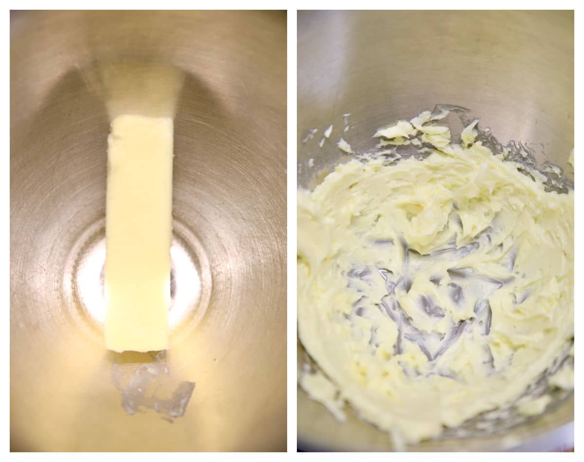 Collage: stick of butter/creamed in a bowl.