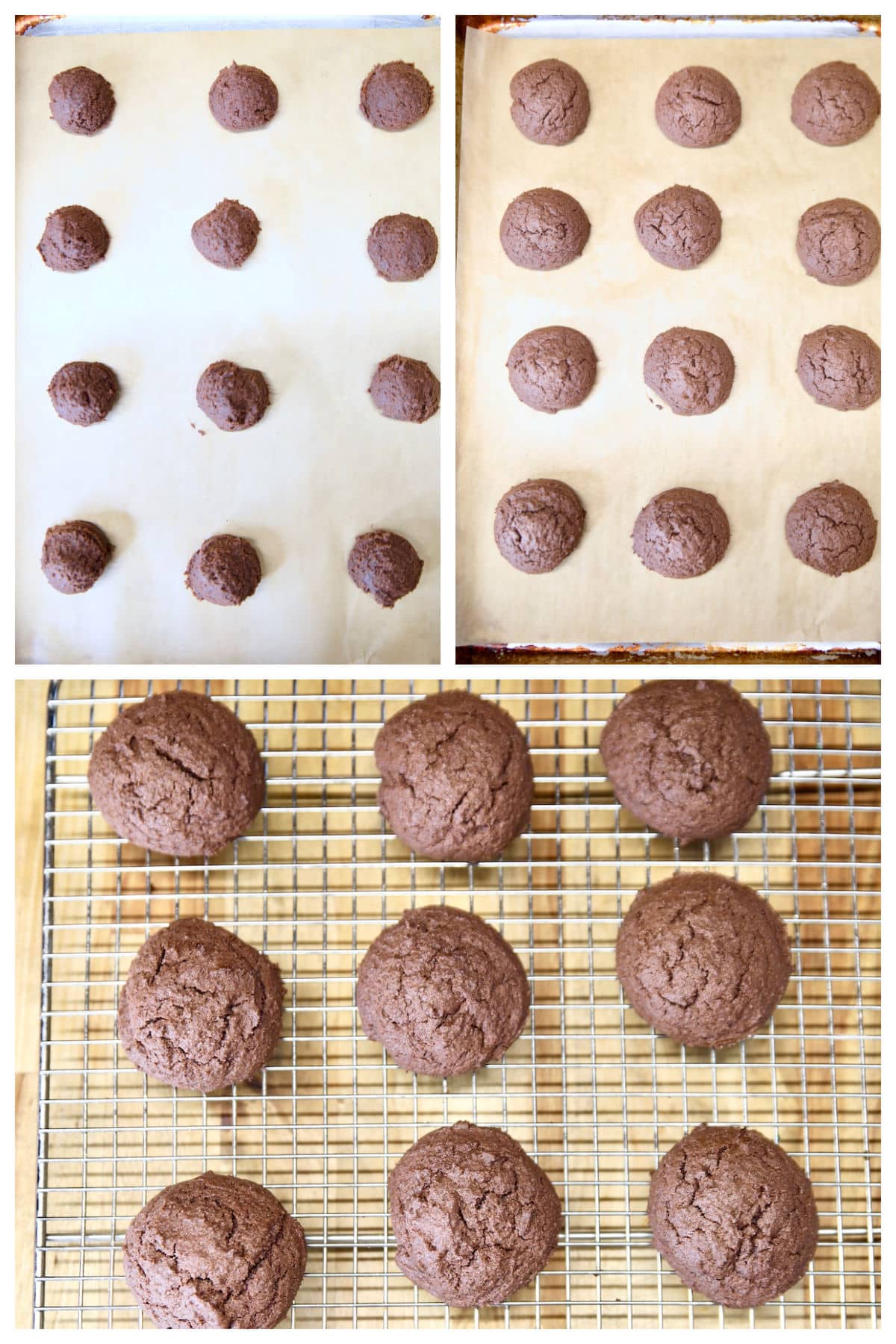 Collage: chocolate cookies baking on cookie sheet, cooling on rack.
