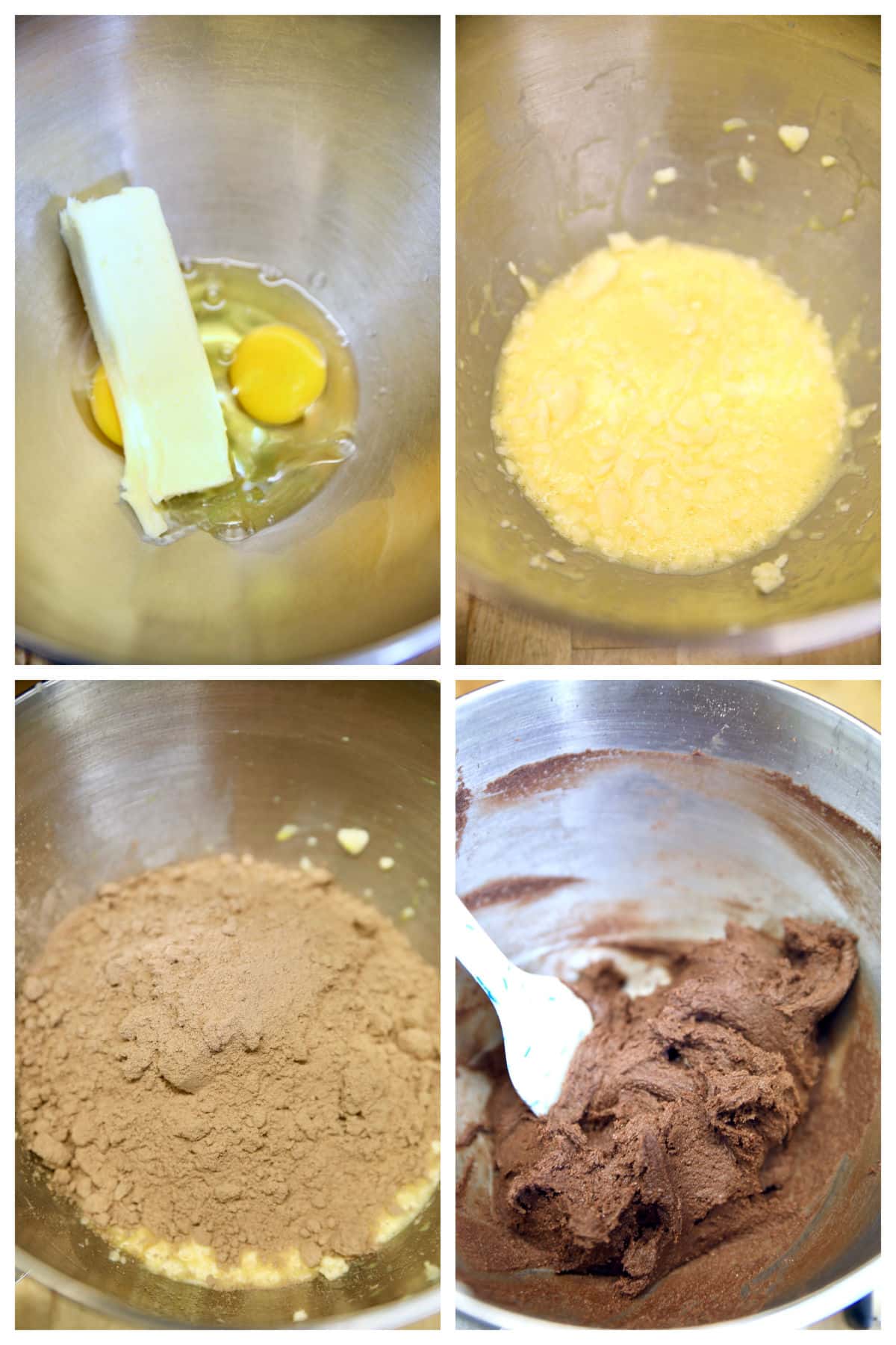 Collage: making cake mix cookies with butter, eggs, chocolate cake mix.