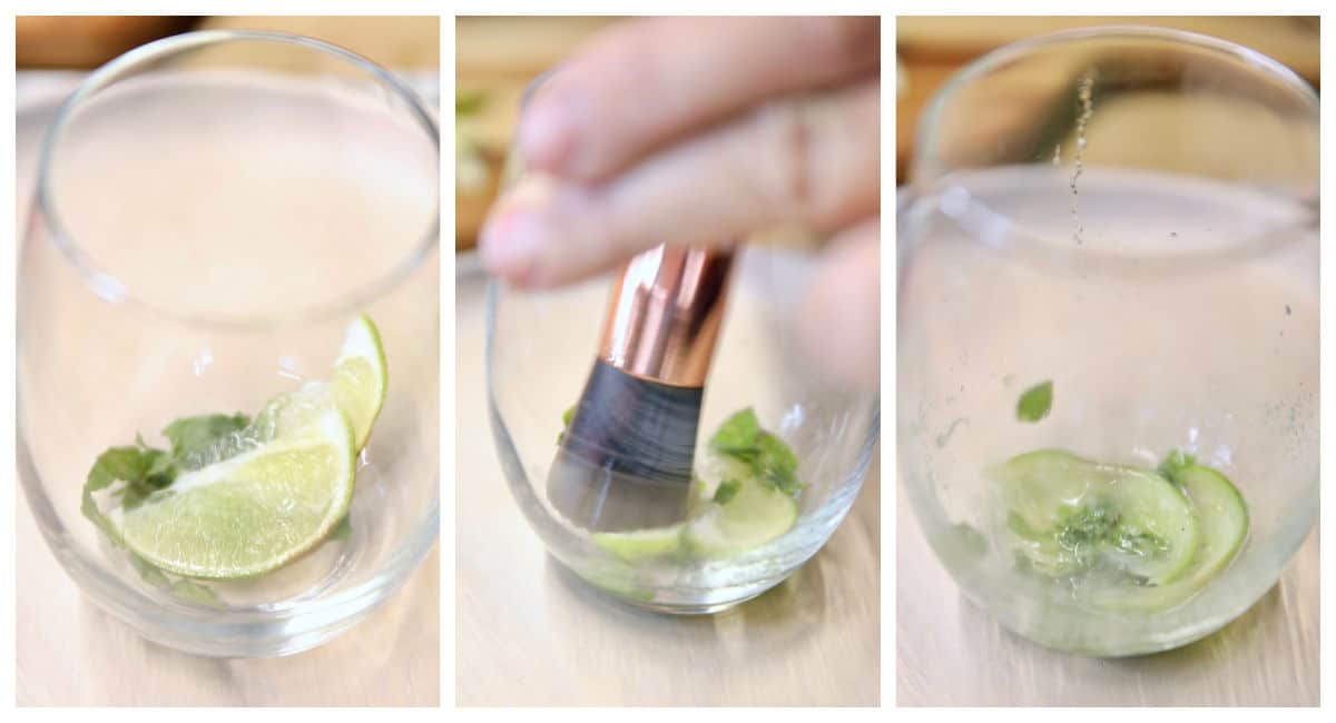 Collage muddling mint and lime in a glass.