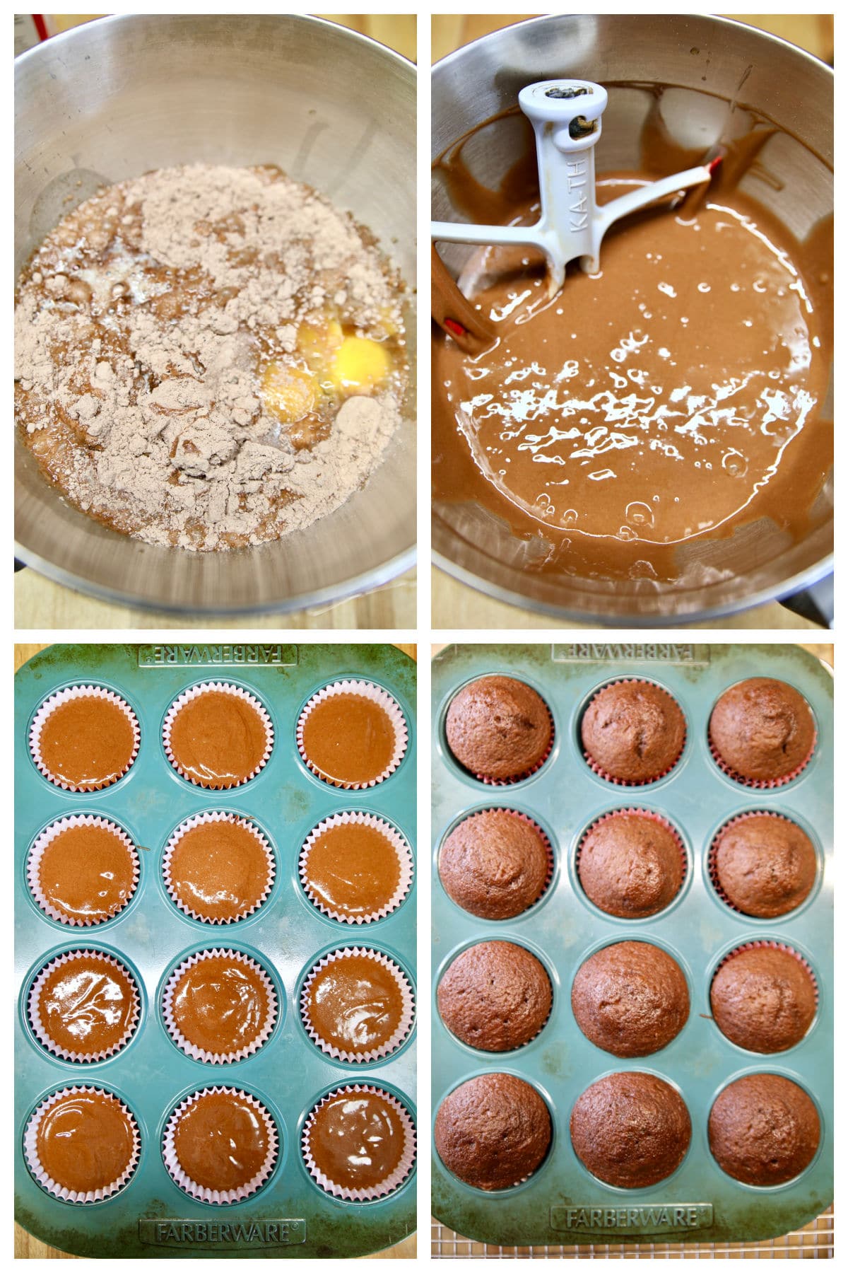 Collage making chocolate cupcakes, mixing, in cupcake tin, baked.
