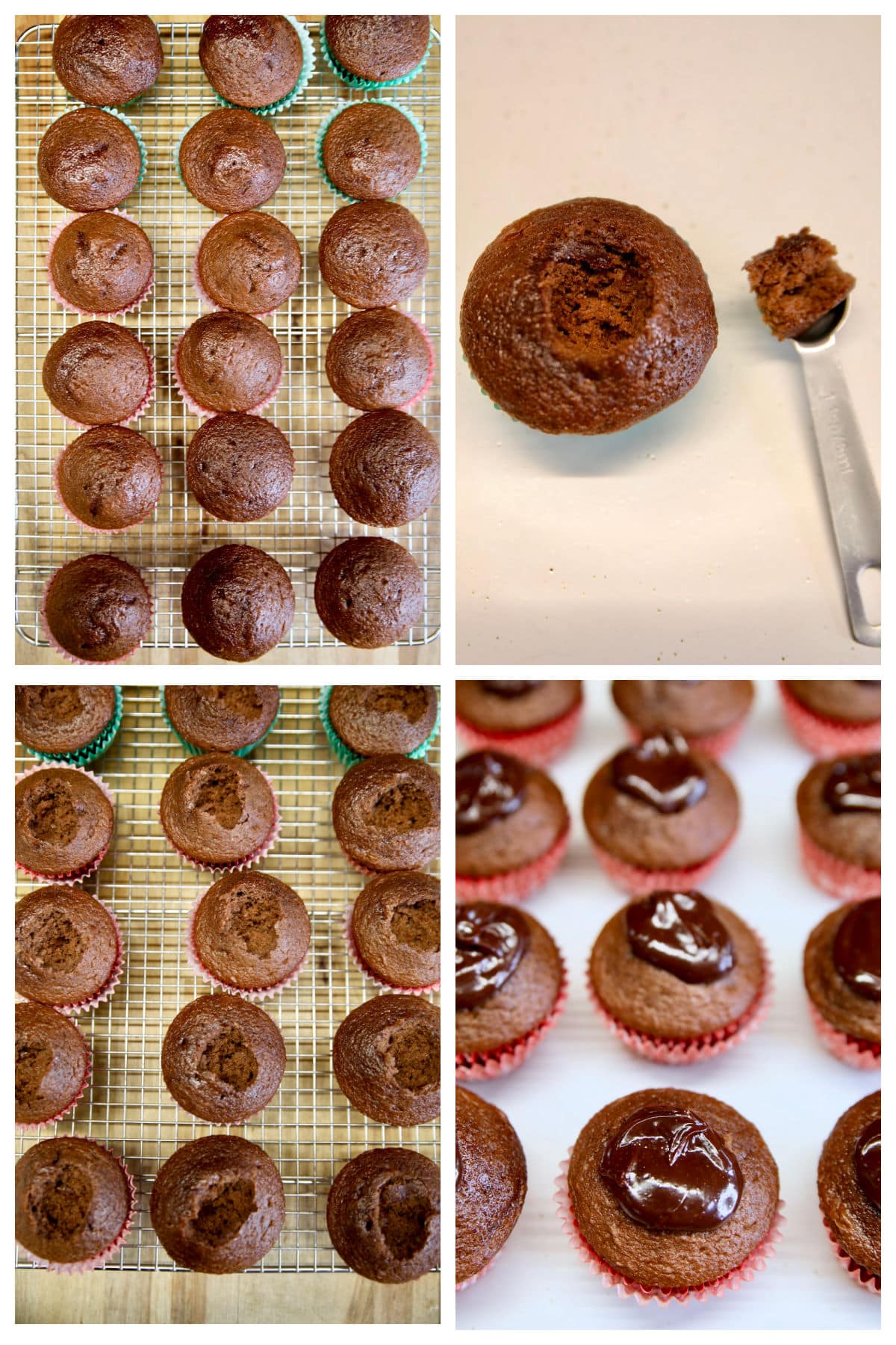 Filling chocolate cupcakes with ganache.