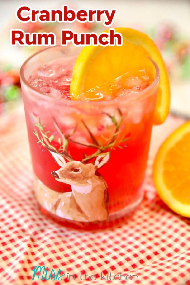 Cranberry Rum Punch in a glass with orange slice. Text overlay.