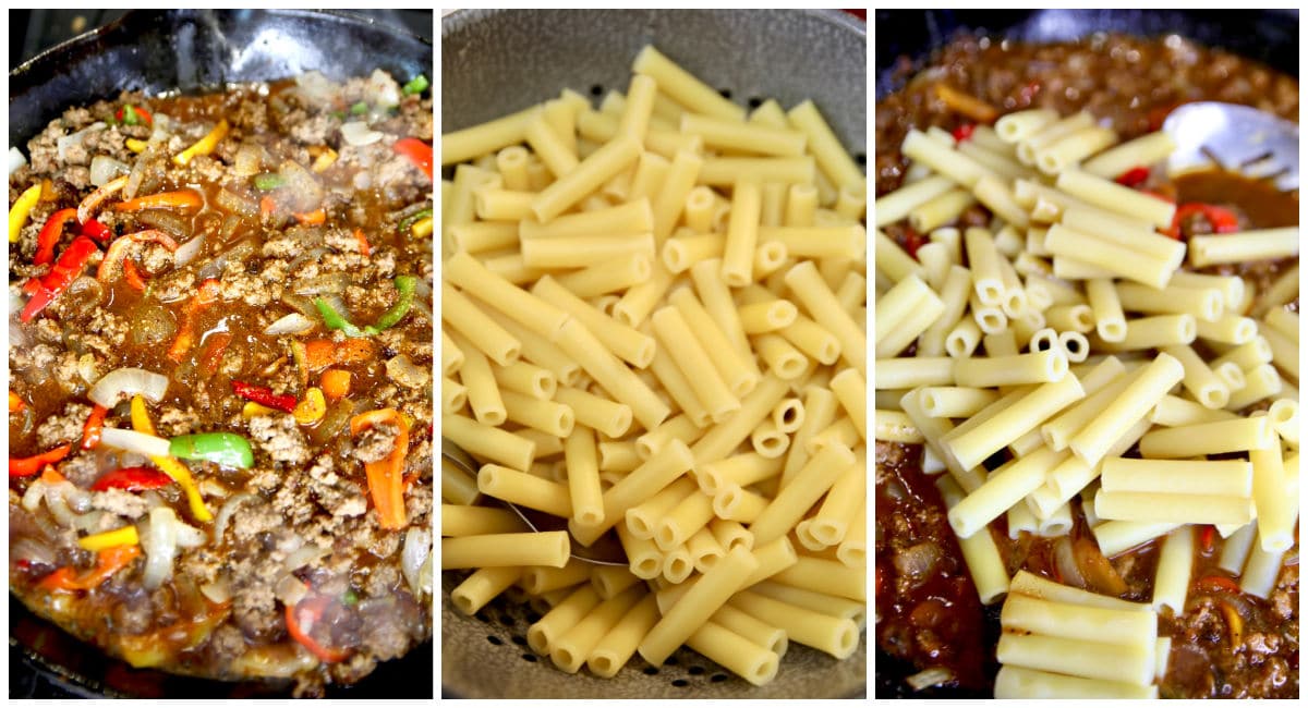 Collage: ground beef skillet/cooked pasta/pasta in ground beef skillet.