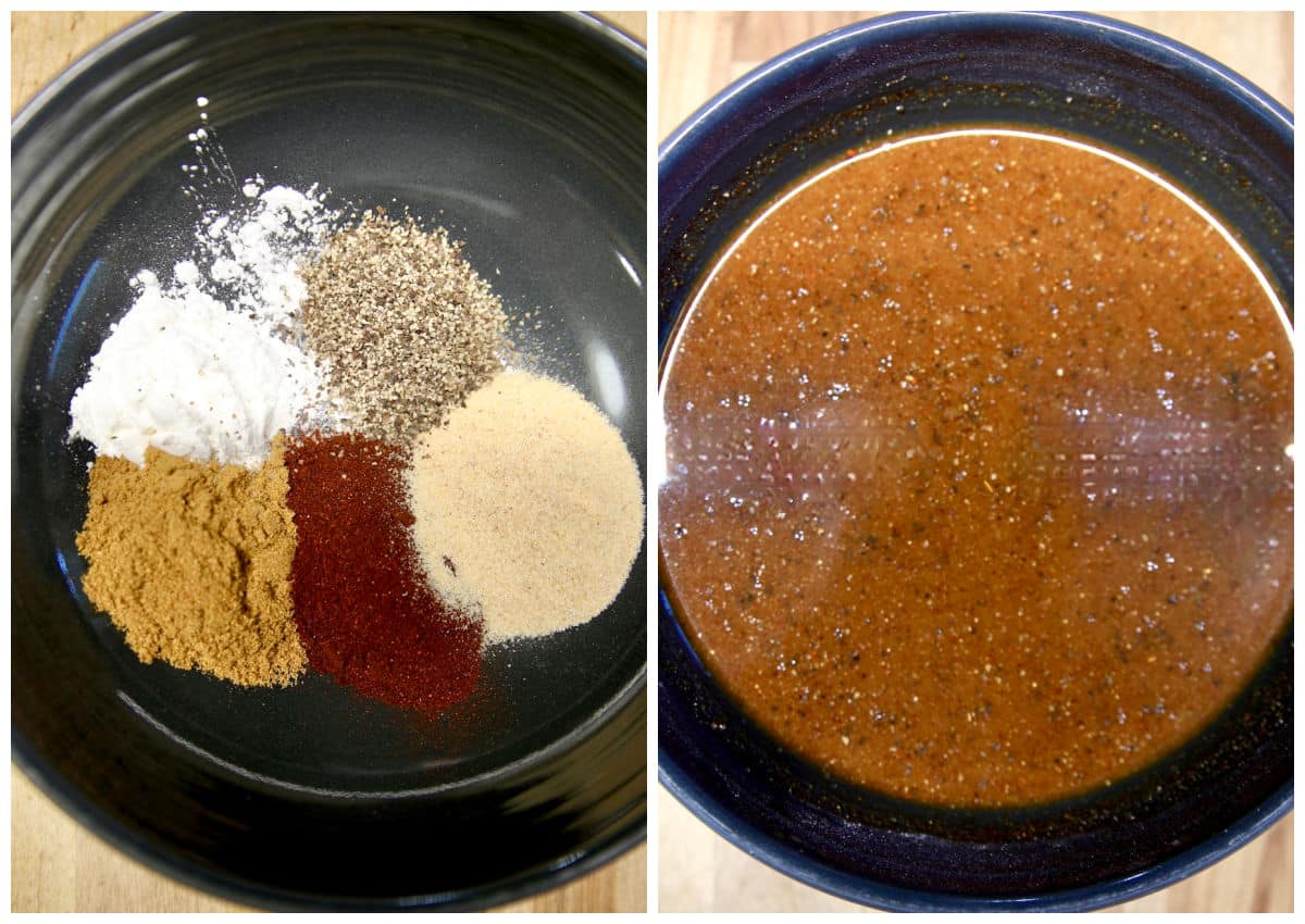 Collage: fajita seasonings/mixed with soy sauce and orange juice