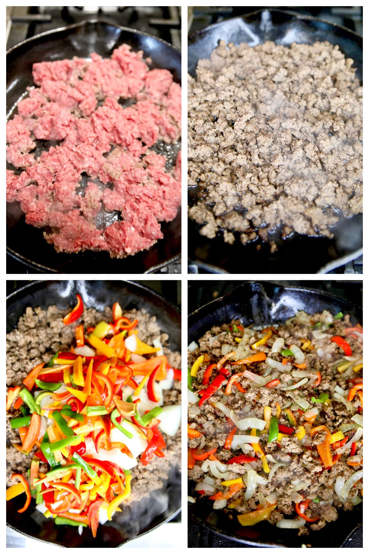 Collage browning ground beef with peppers and onions.