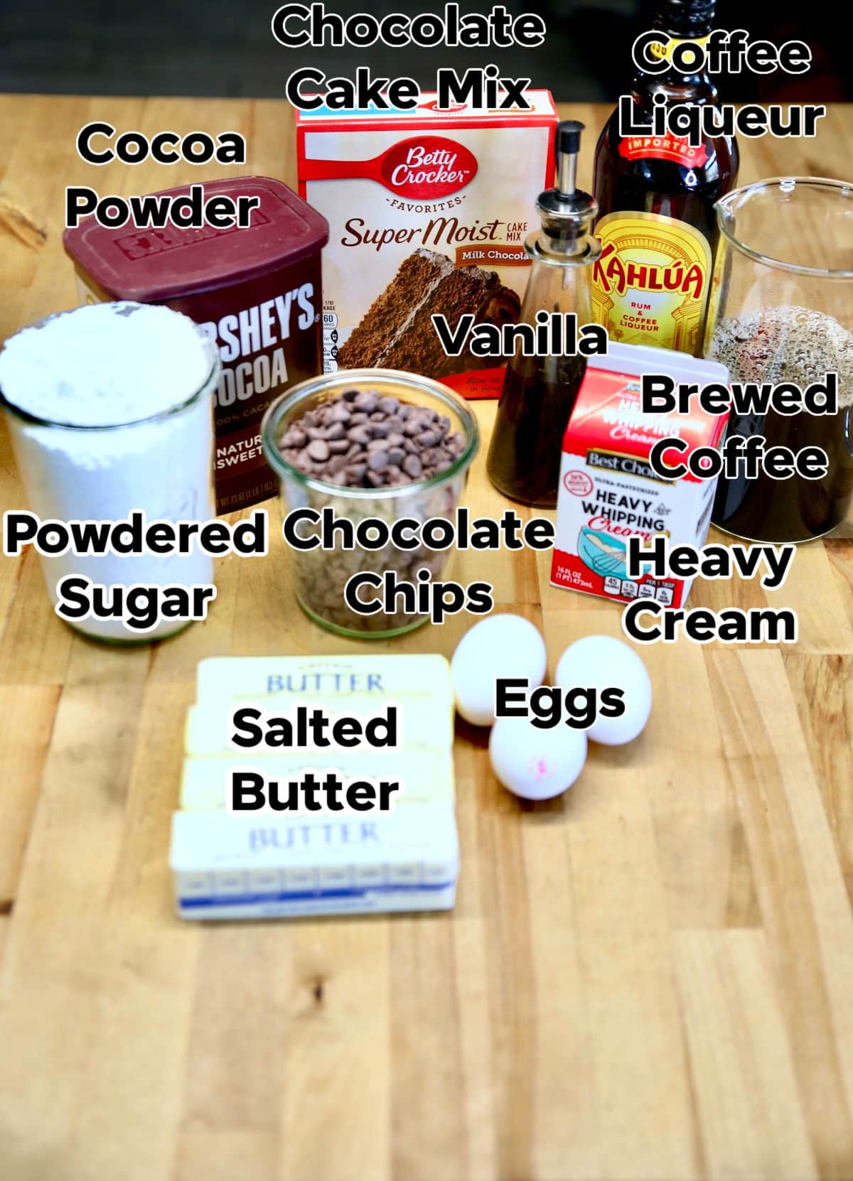 Ingredients for Kahlua Cupcakes.