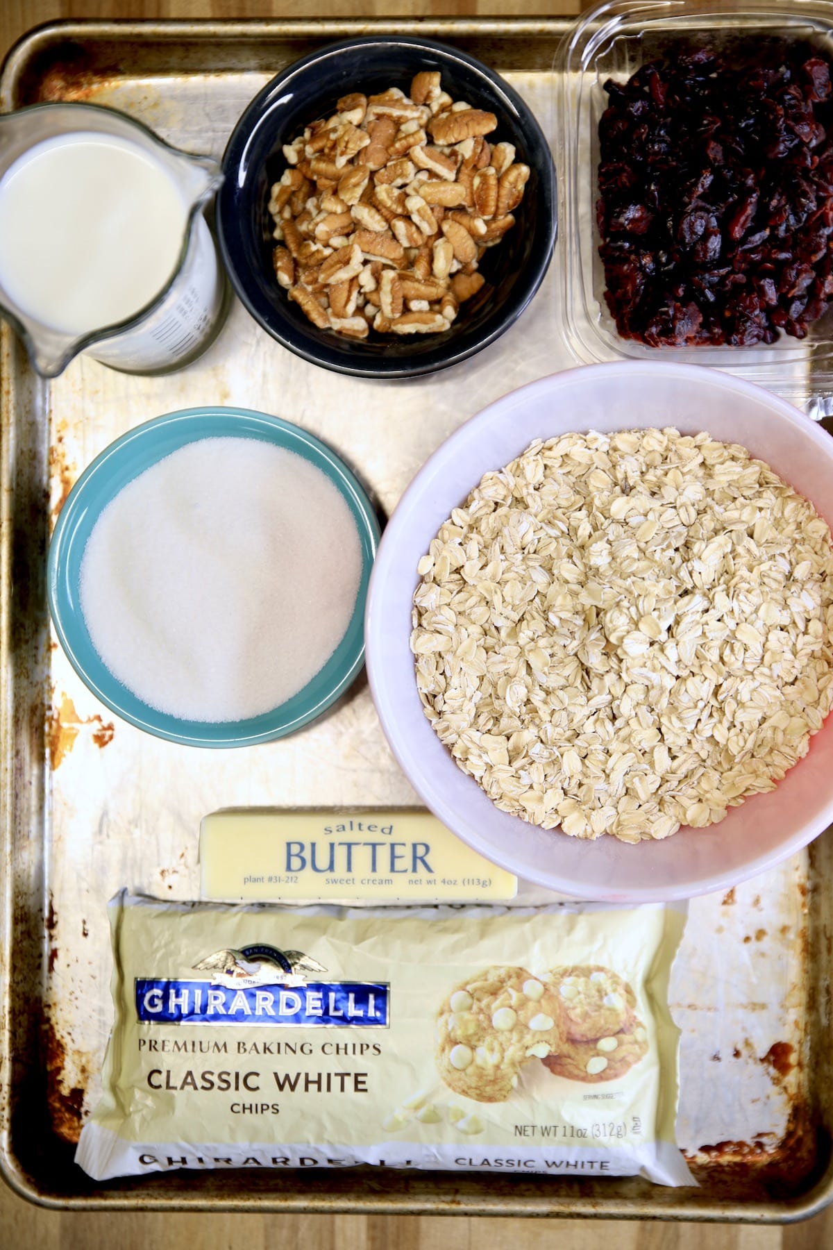 Ingredients for white chocolate cranberry cookies.