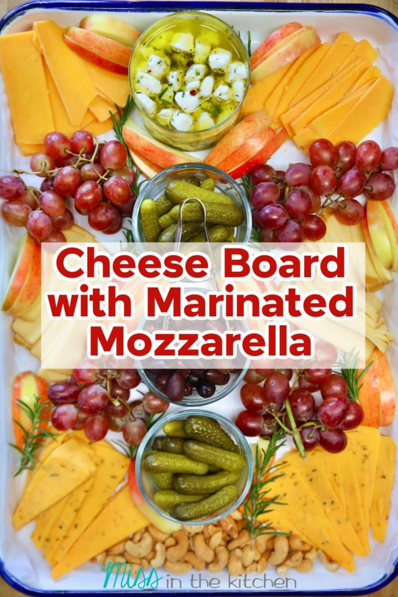 Cheese board with text overlay.