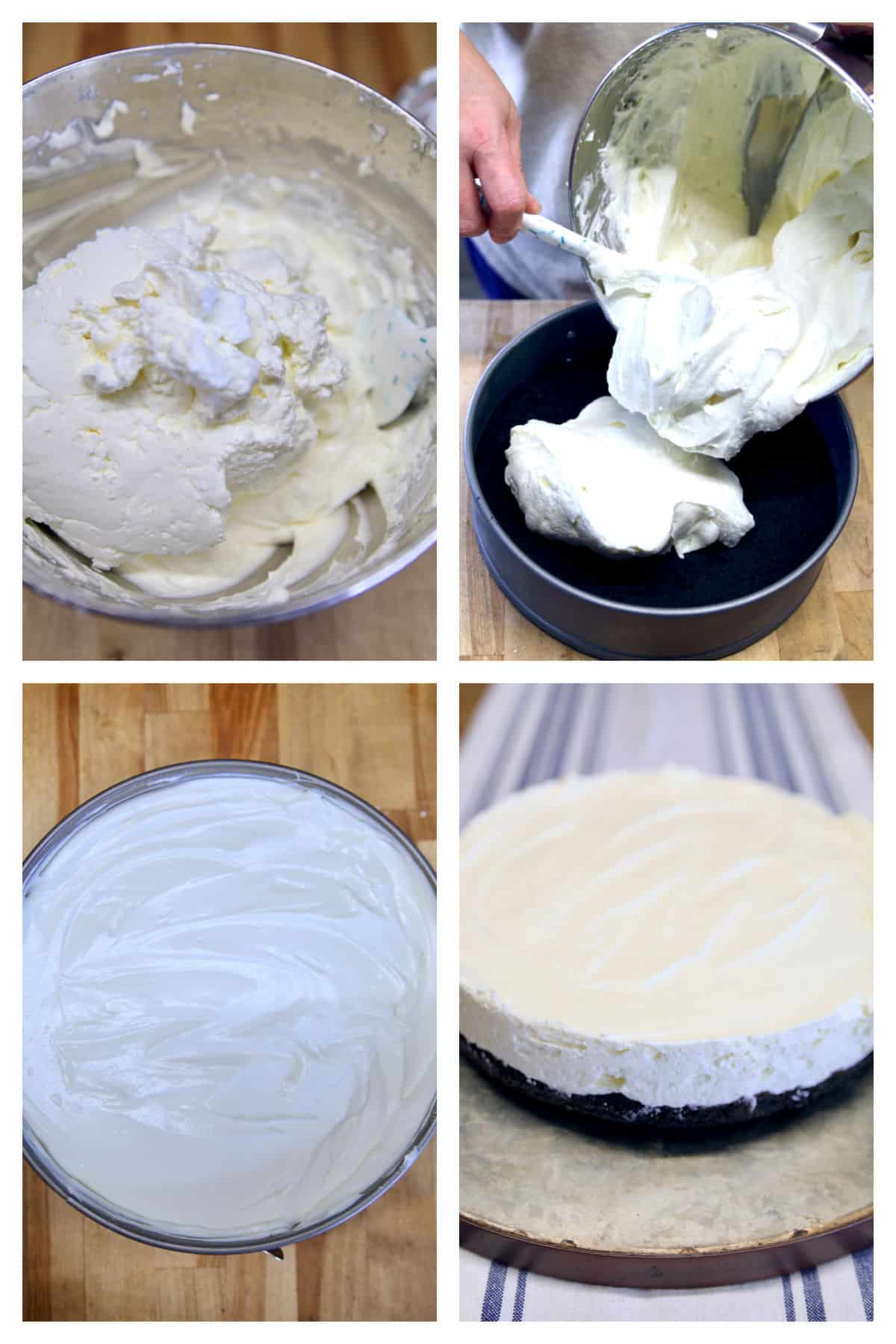 Making no bake cheesecake collage, pouring into crust, refrigerated.