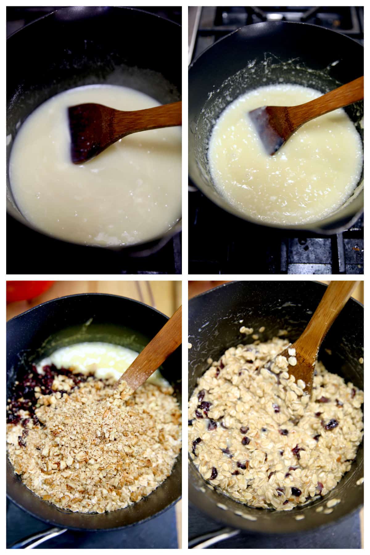 Collage making no bake white chocolate cookies with oats and cranberries.