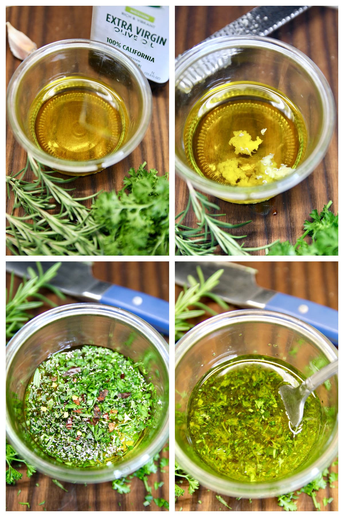 Collage of olive oil, garlic, herbs for marinating cheese.
