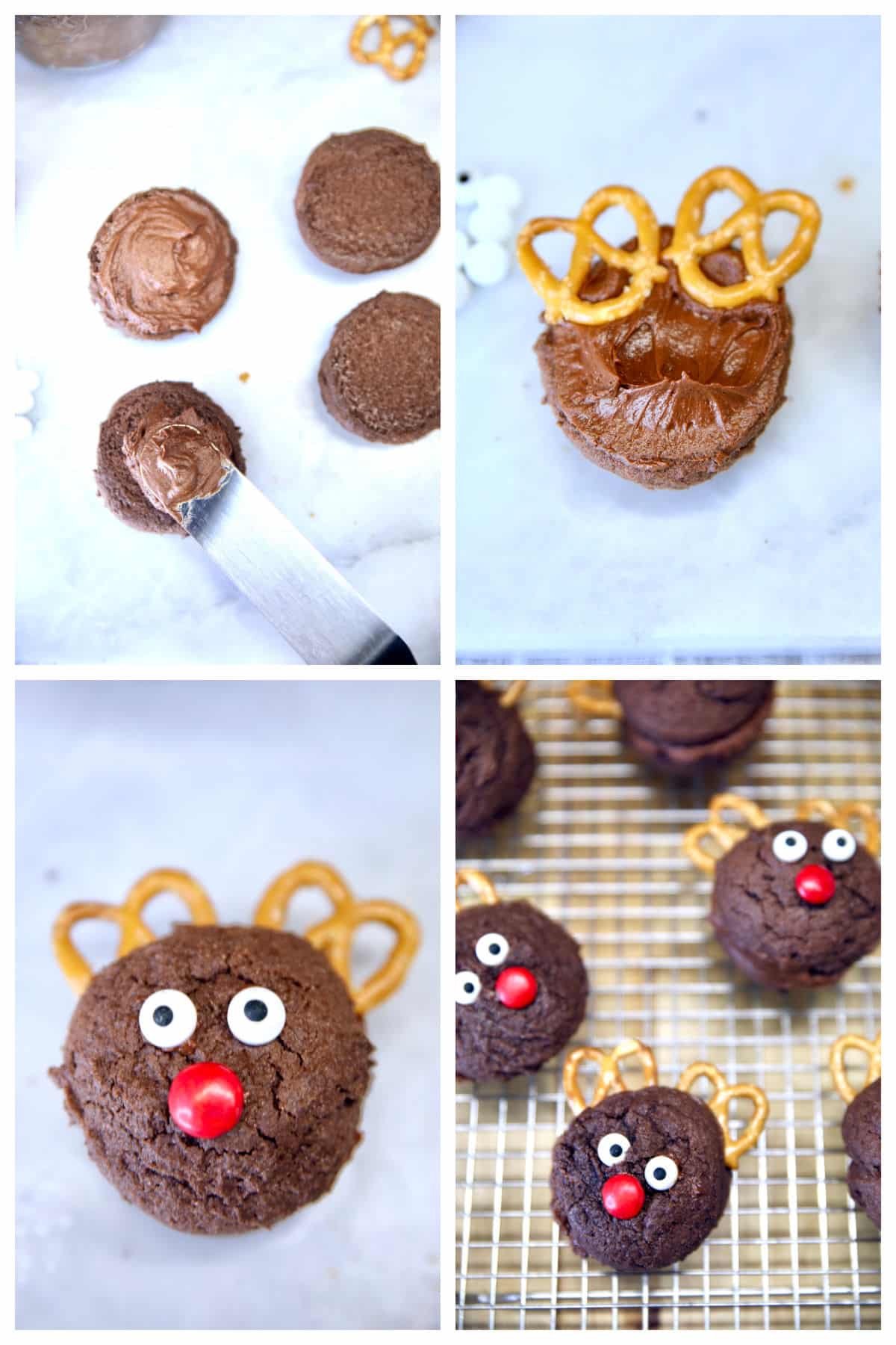 Collage: making chocolate sandwich cookies with reindeer decorations.