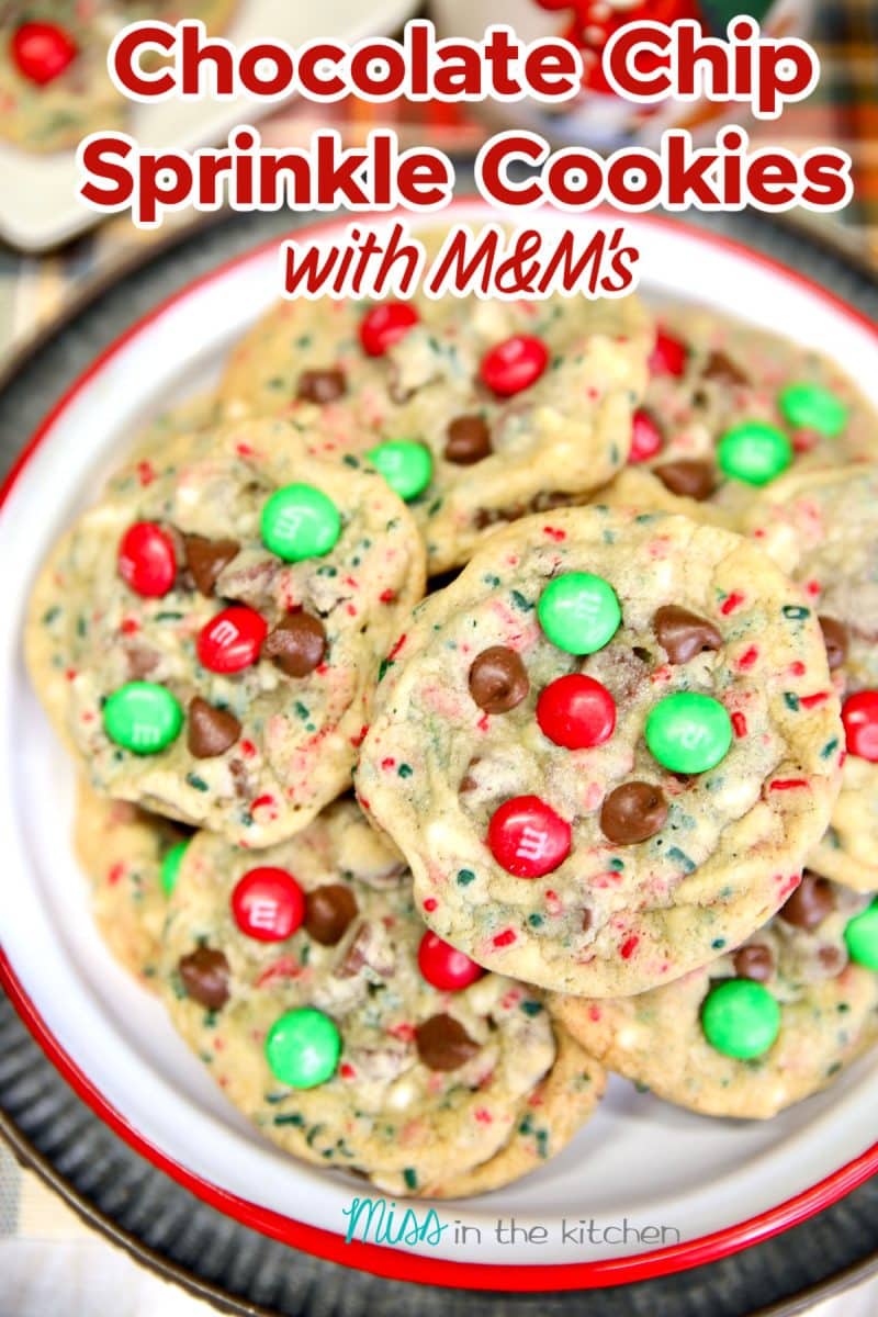 Plate of Christmas cookies with m&ms - text overlay.