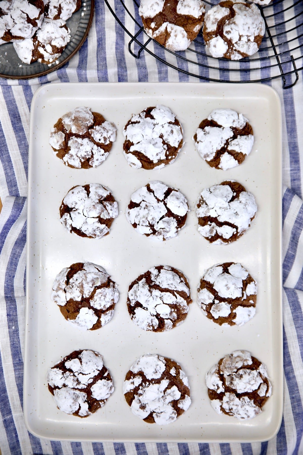 Tray of chocolate crinkle cookies.