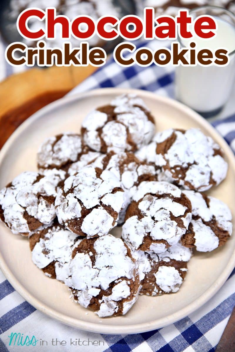 Plate of chocolate crinkle cookies - text overlay.