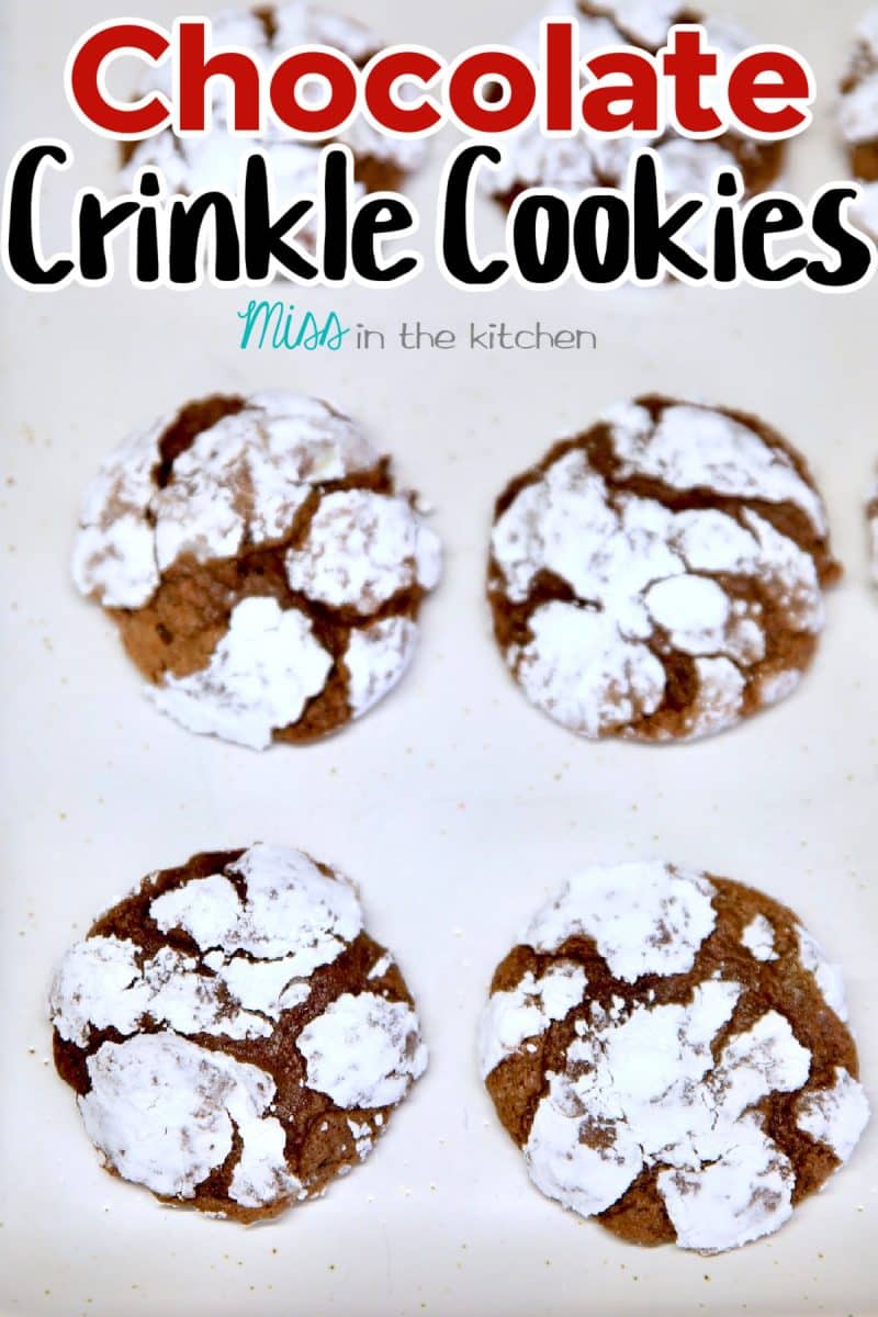 Chocolate Crinkle Cookies on a platter - text overlay.