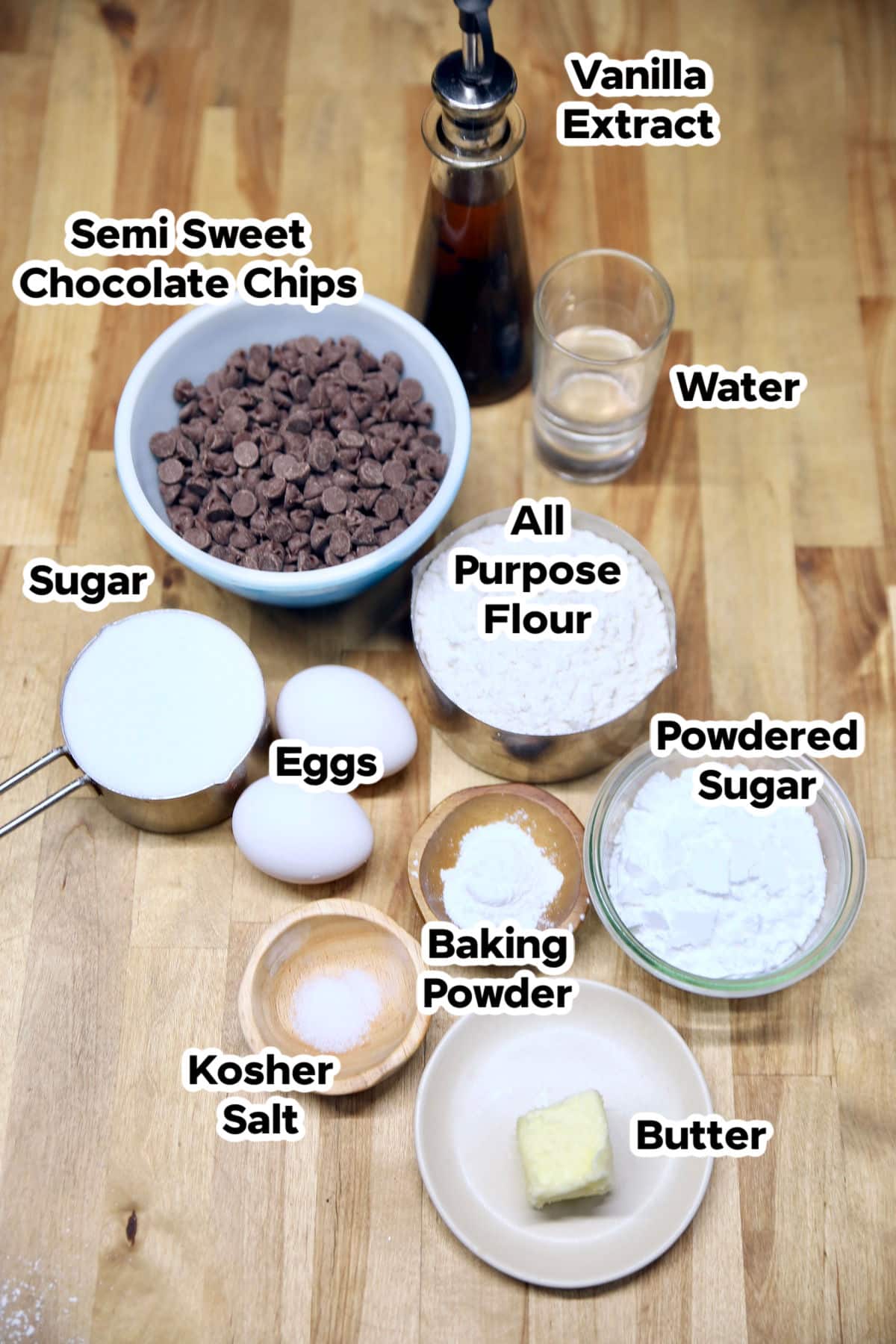 Ingredients for Chocolate Crinkle Cookies with text.