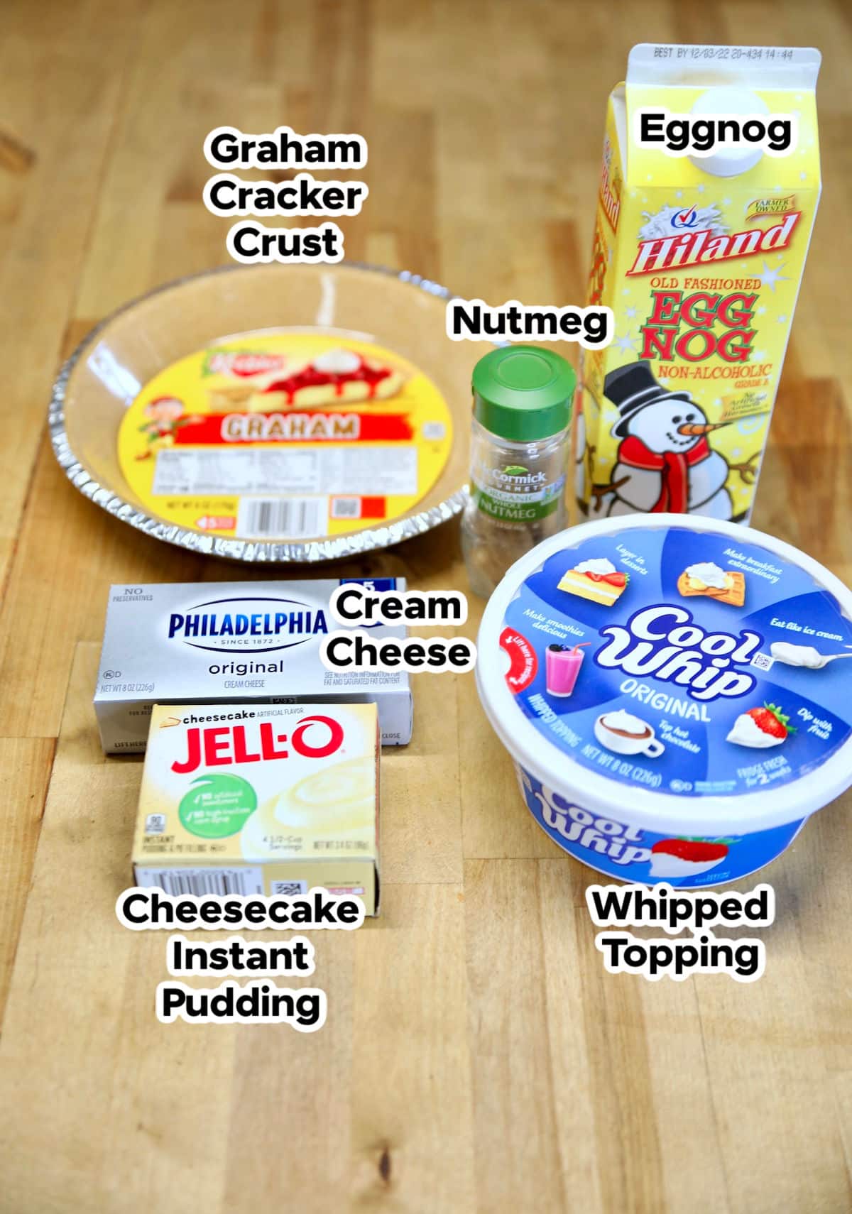 Ingredients for Eggnog cheesecake - text labels.