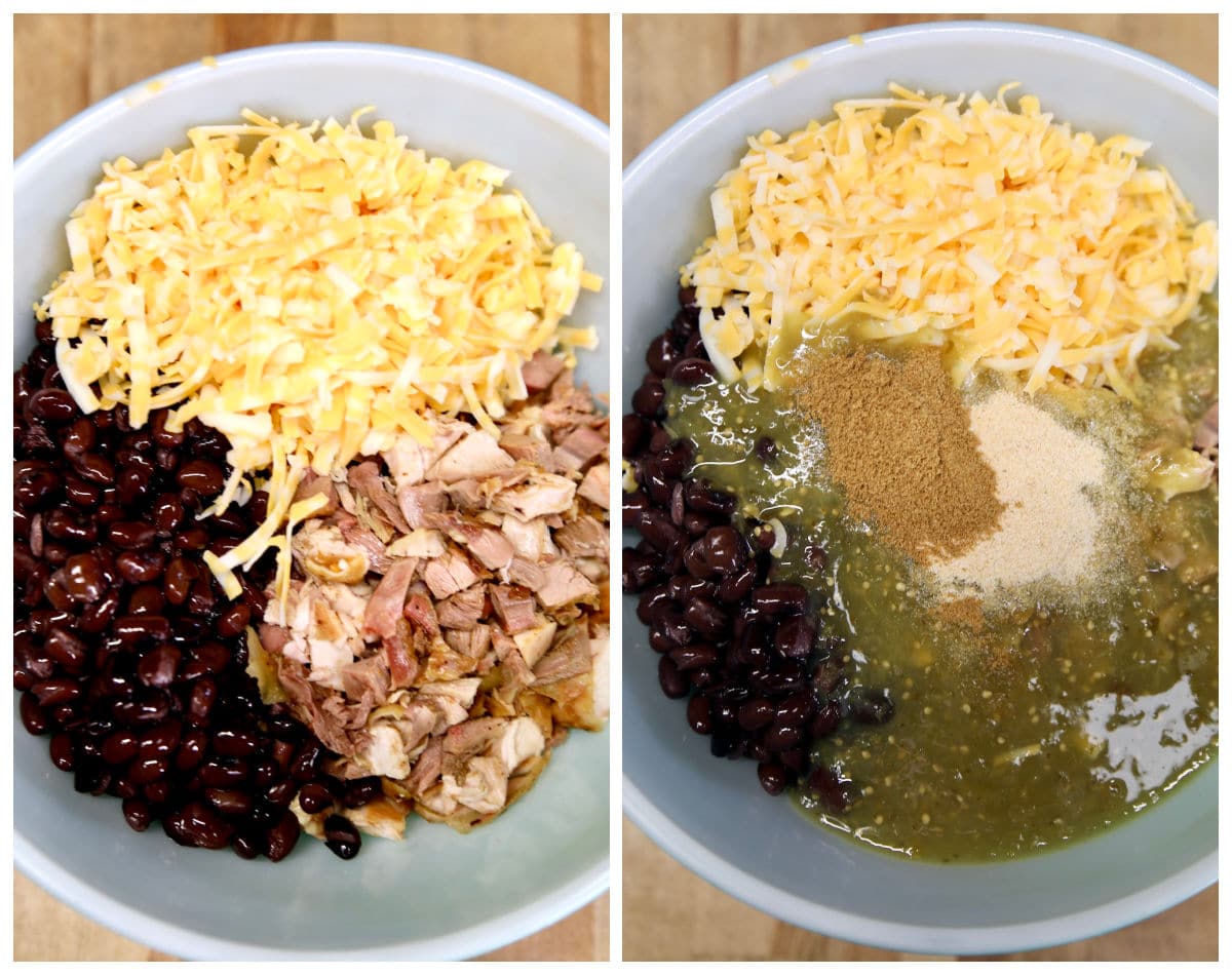 Collage of chicken and black bean burrito filling.