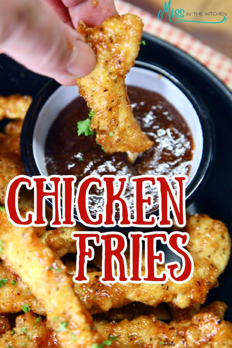 Chicken fries dipping in bbq sauce- text overlay.