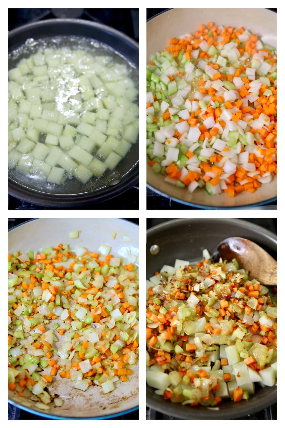 Collage cooking potatoes/ sautéing carrots, celery onions.