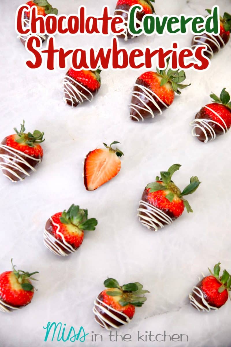 Chocolate covered strawberries with white chocolate drizzle. Text overlay.