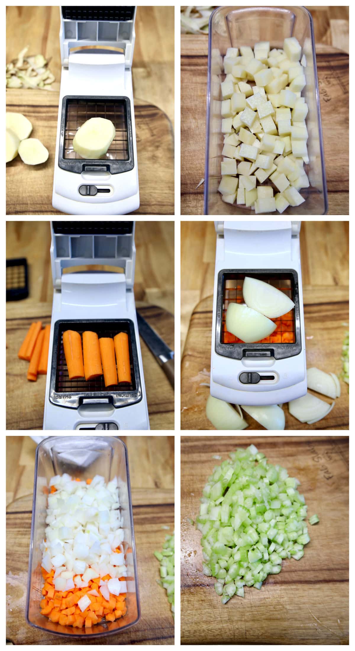 Collage chopping carrots, onions, celery with vegetable chopper.