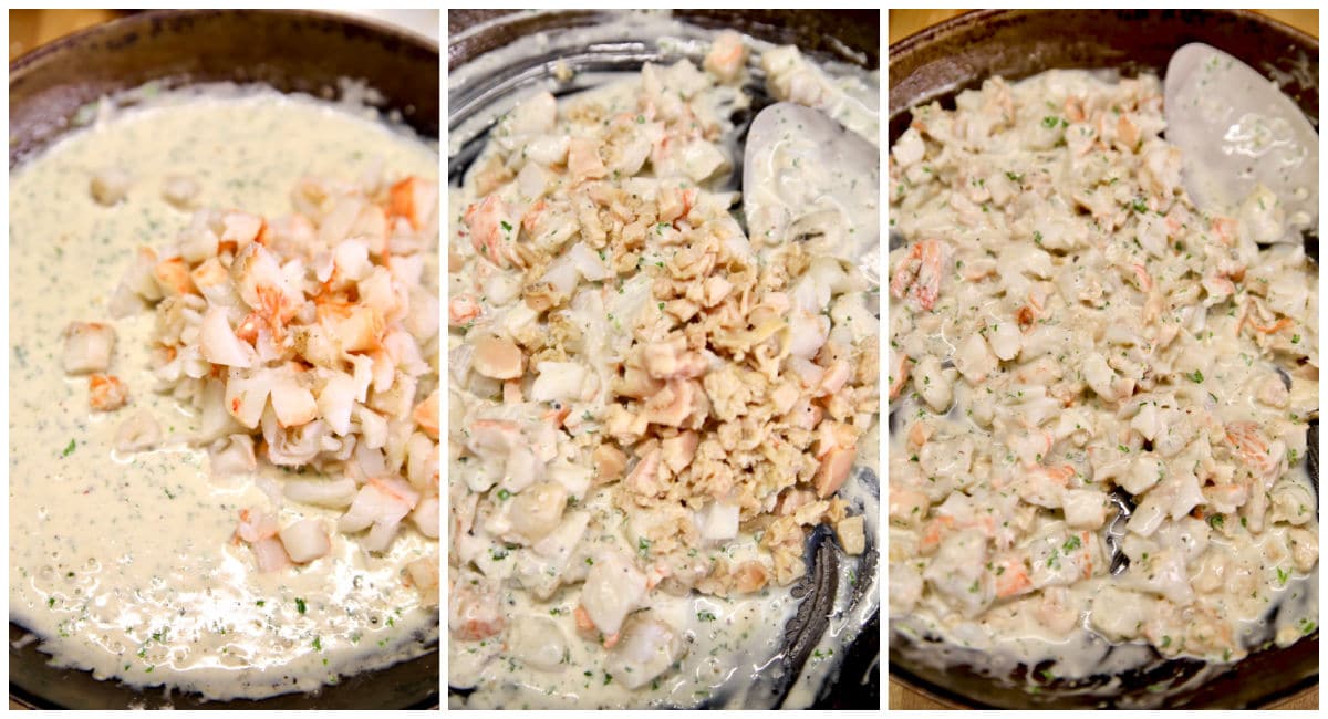 Lobster and clams in white wine cream sauce collage.
