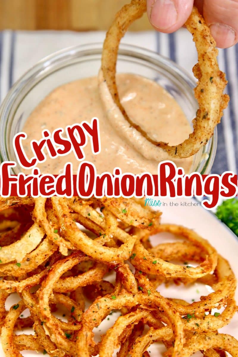 Collage of crispy onion rings: dipping in sauce/on a platter. Text overlay.