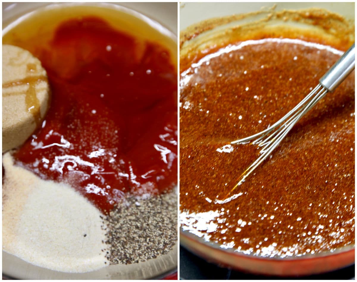 Collage making honey bbq sauce. Ingredients in pan/ cooked.