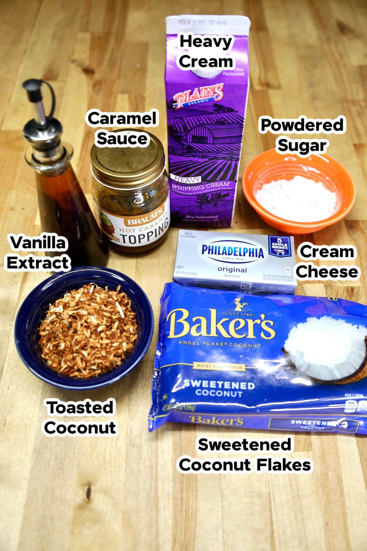 Ingredients for no bake coconut cheesecake - text overlay.