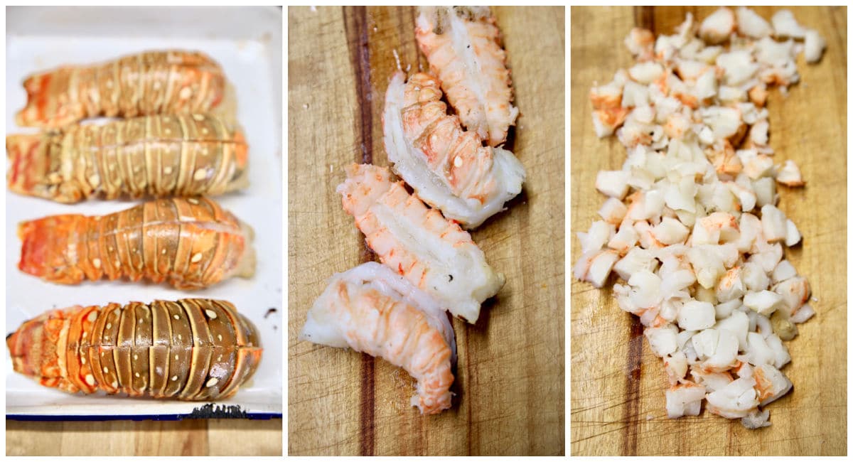 Collage: Lobster tails cooked, removed from shell, chopped.