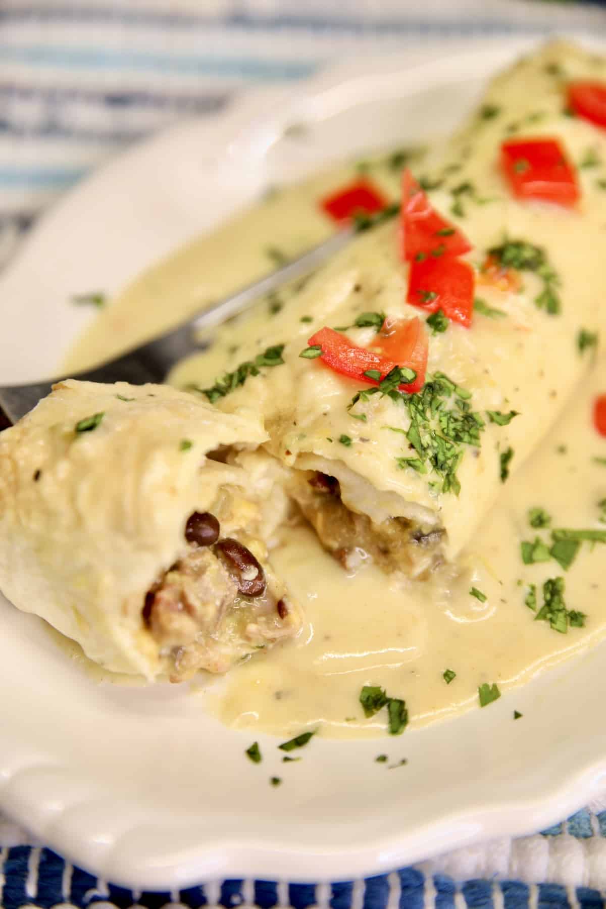 Sliced chicken burrito with green chile sauce.