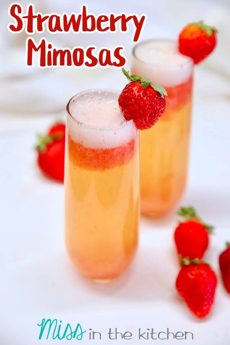 Strawberry Mimosas in champagne flutes. Text overlay.