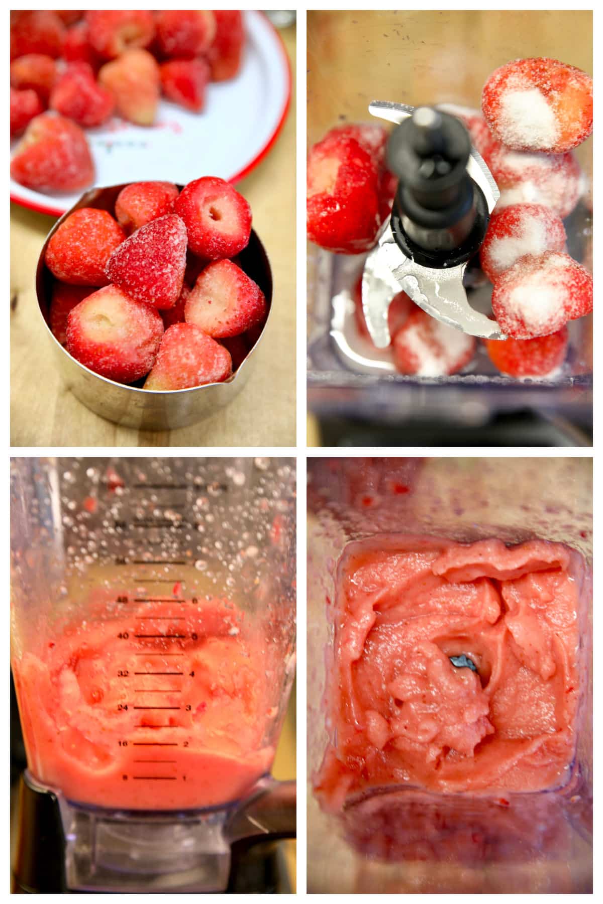 Collage making strawberry purée in a blender.