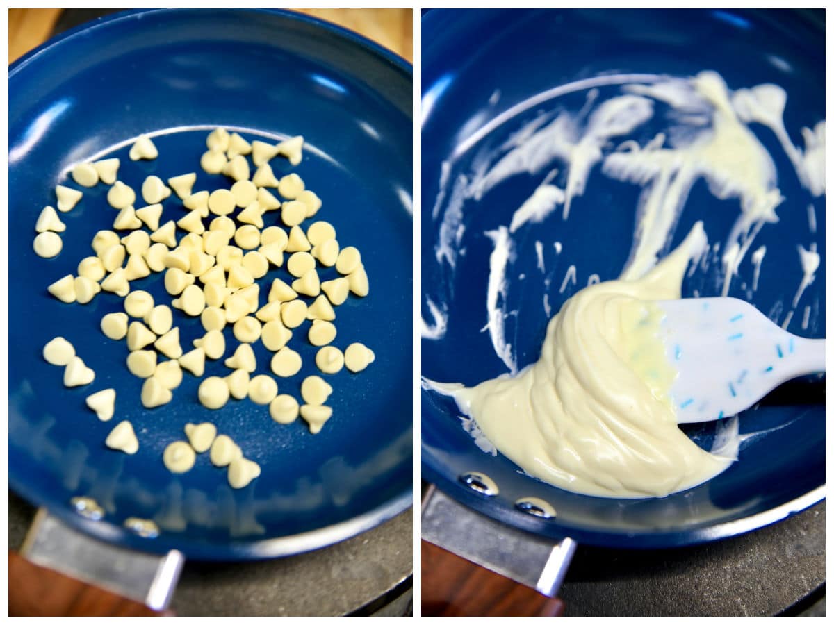 Collage melting white chocolate chips in a blue pan.