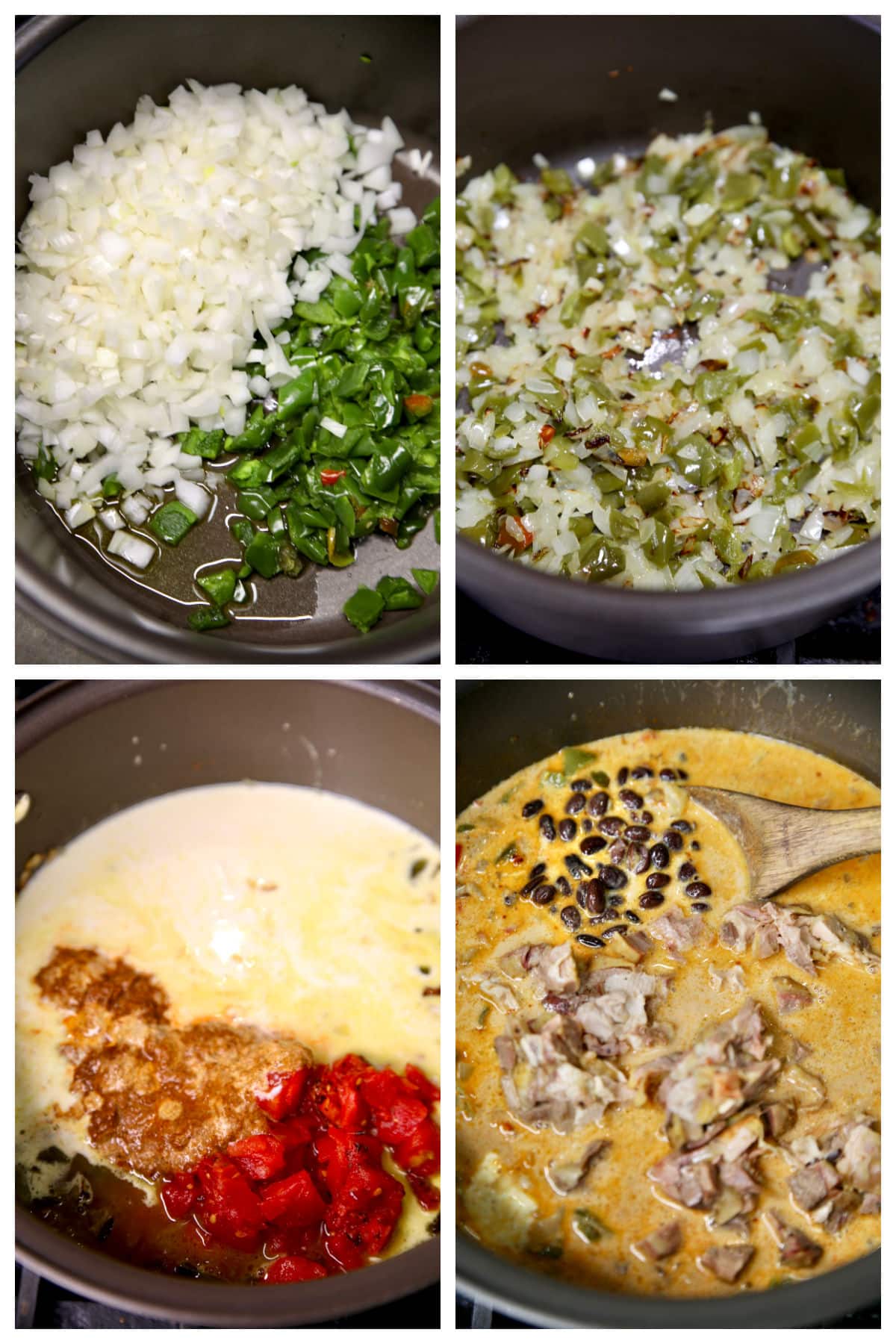 Collage cooking chicken enchilada soup with peppers, onions, enchilada sauce, cream.