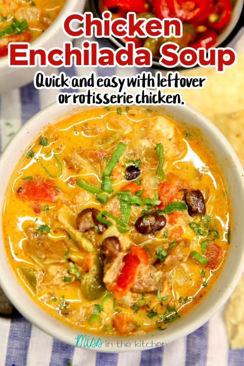Chicken enchilada soup in a bowl. Text overlay.
