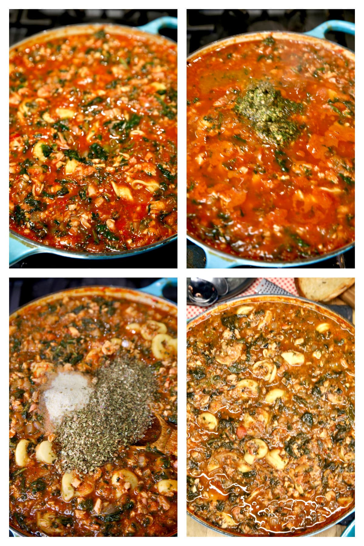 Making tortellini soup collage with pesto, herbs, spices. 