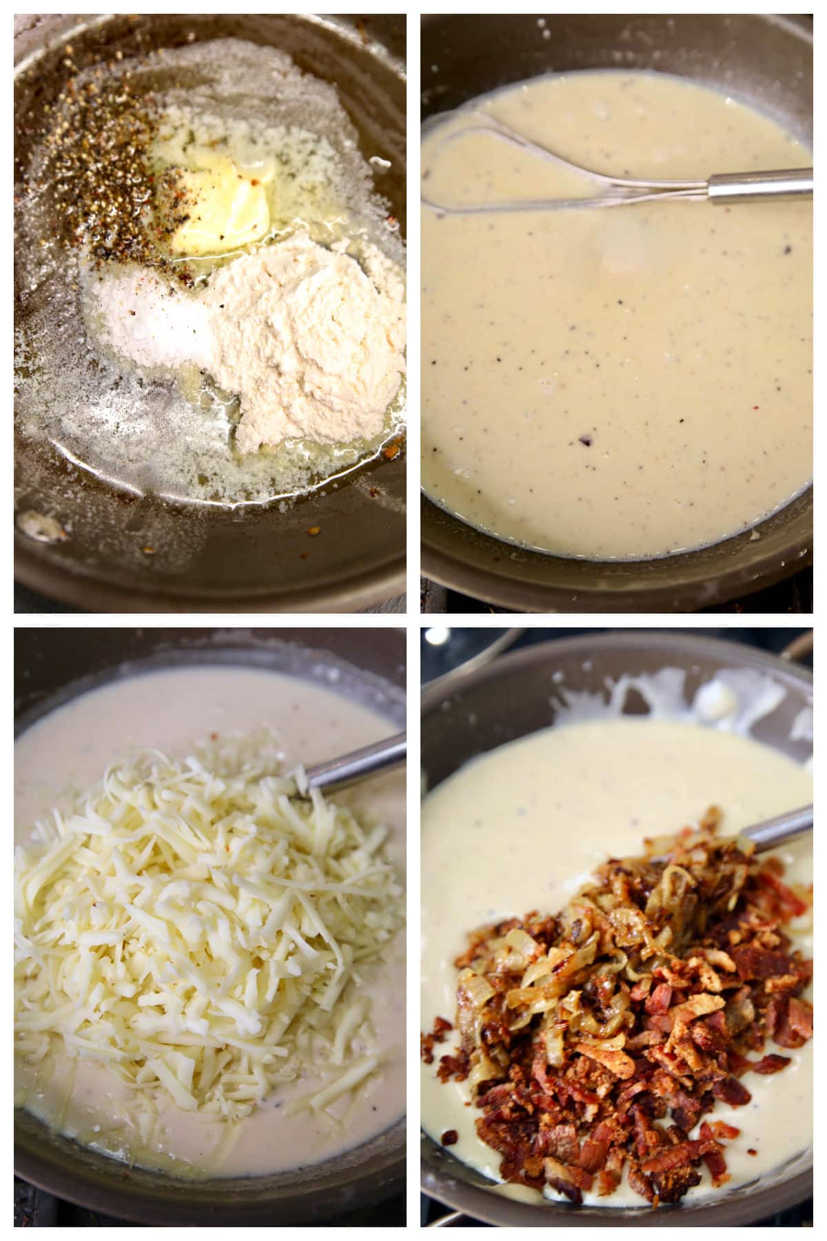 Making cheese sauce with bacon and onions for macaroni - collage.