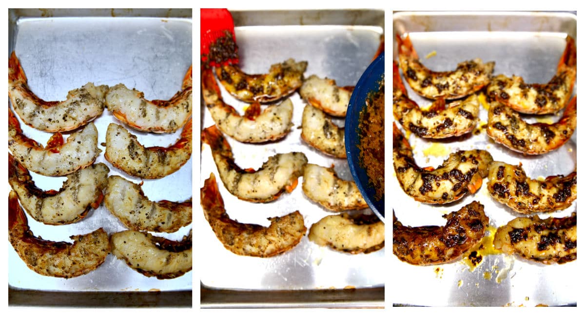 Collage of grilled lobster tails cut in half, brushing with garlic butter.