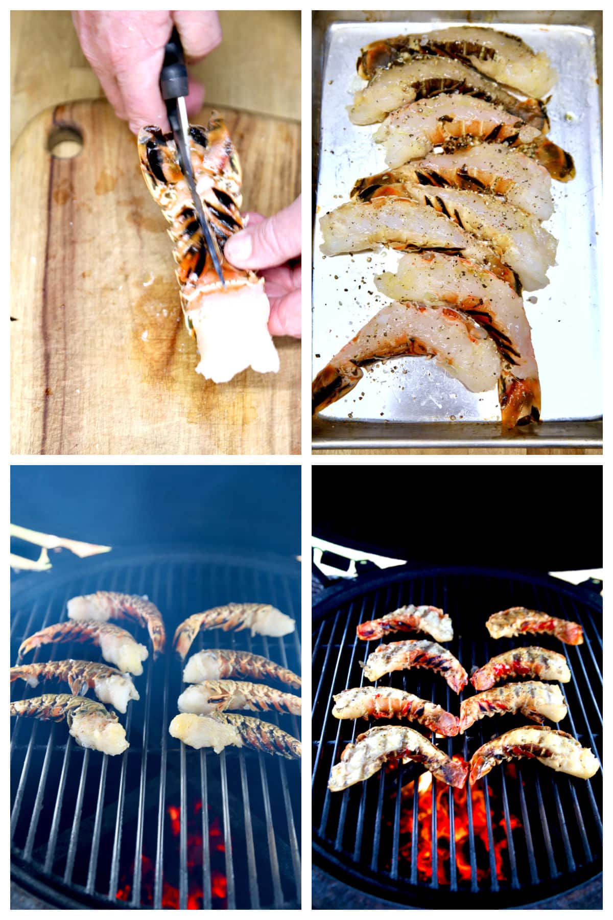Cutting lobster tails in half, seasoning, grilling (collage).
