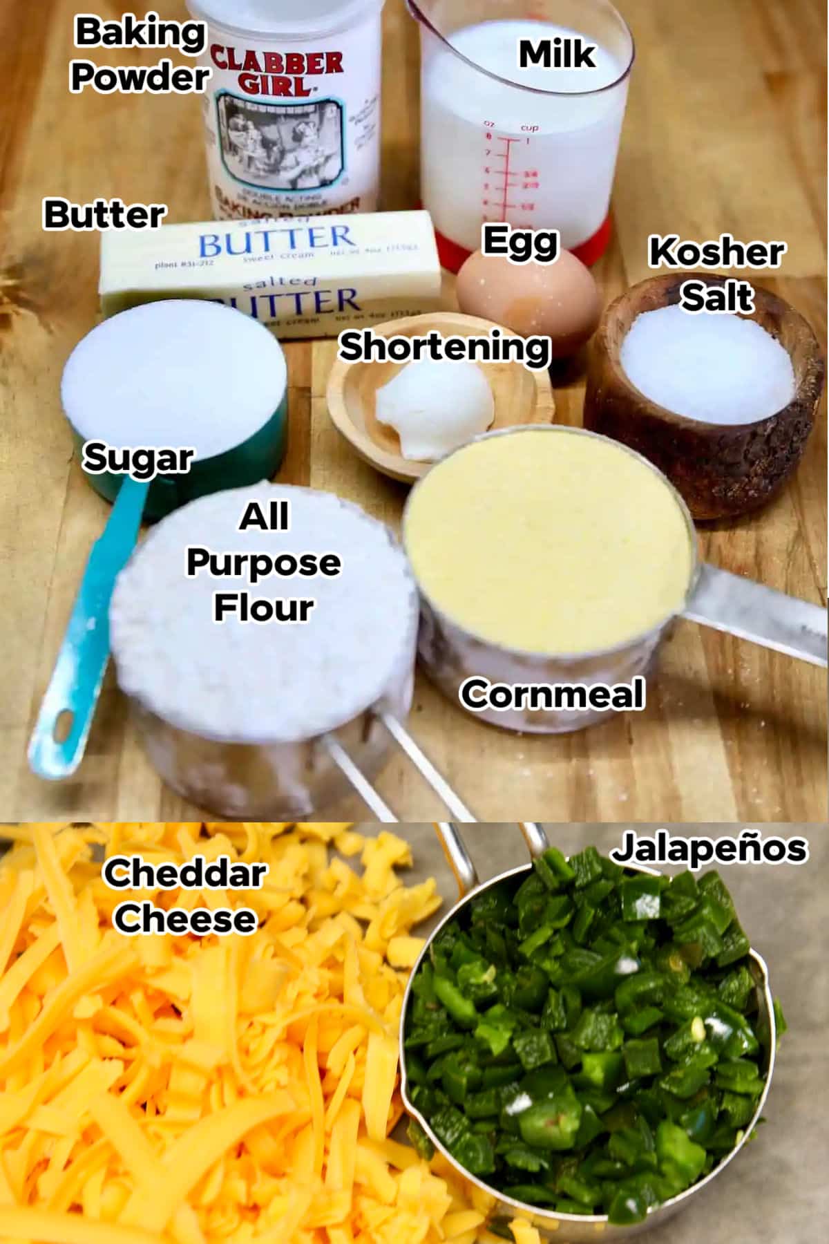 Text labels over ingredients for jalapeno cheddar cornbread.