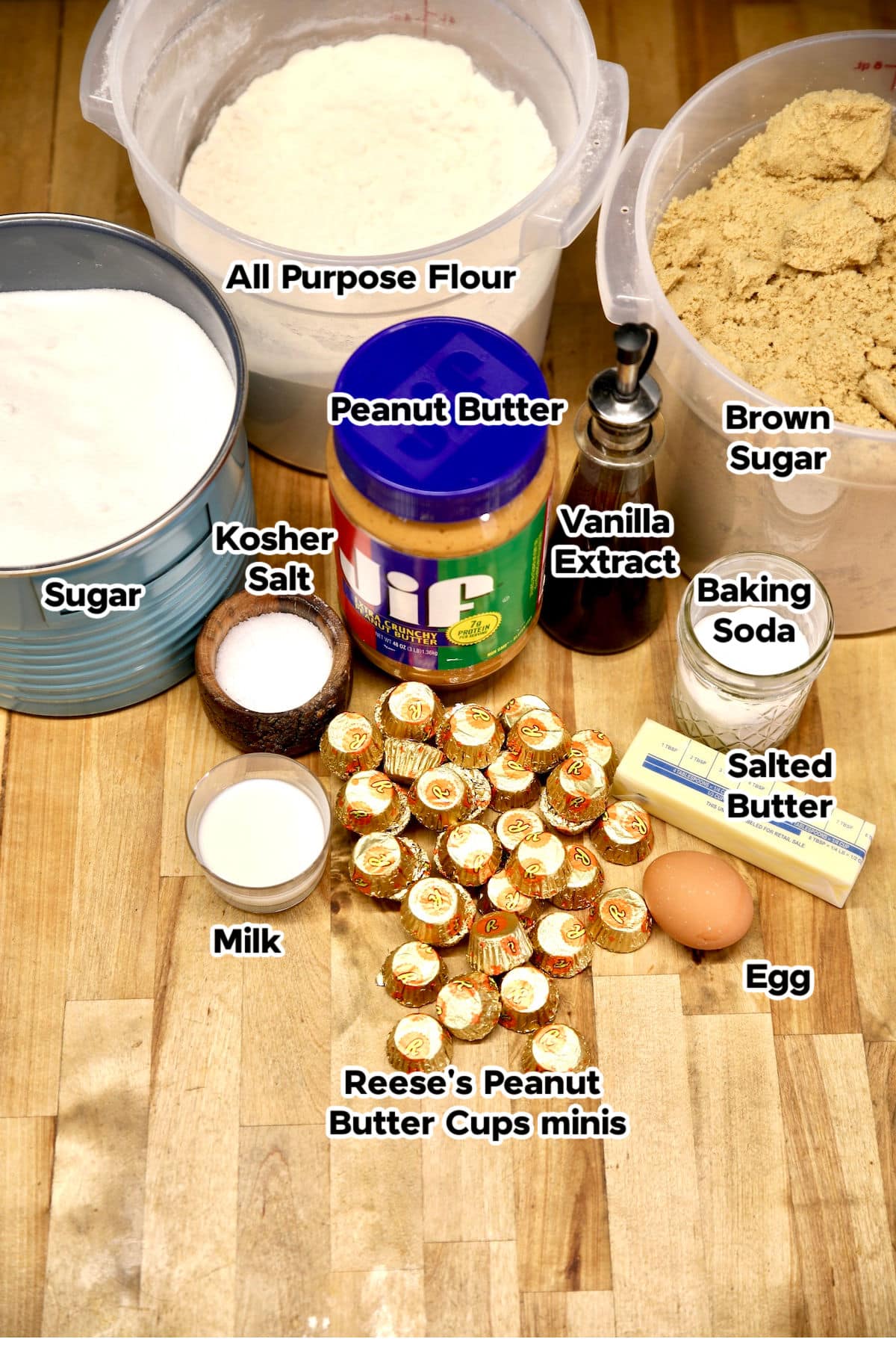 Ingredients for peanut butter cup cookies with text labeling.