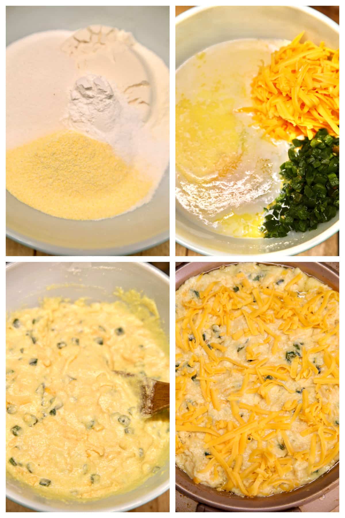 Collage making jalapeno cheddar cornbread batter.